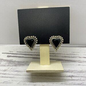 VTG Silver tone  & Onyx Bumpy Modernist Heart  Clip On Earrings